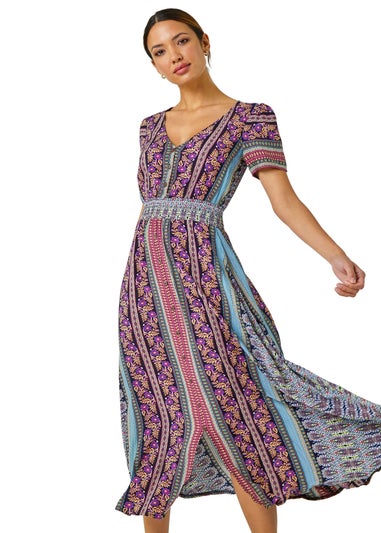 Roman Purple Floral Print Fit and Flare Maxi Dress