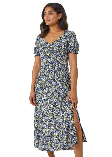 Roman Yellow Ditsy Floral Ruched Maxi Dress