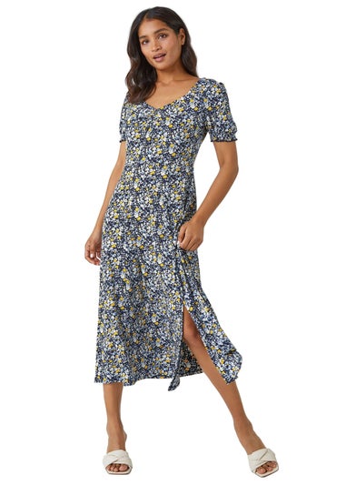 Roman Yellow Ditsy Floral Ruched Maxi Dress