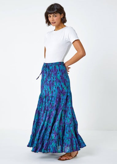 Roman Blue Feather Print Tiered Cotton Maxi Skirt
