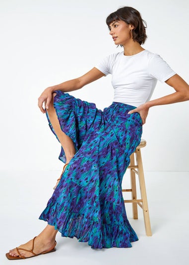 Roman Blue Feather Print Tiered Cotton Maxi Skirt
