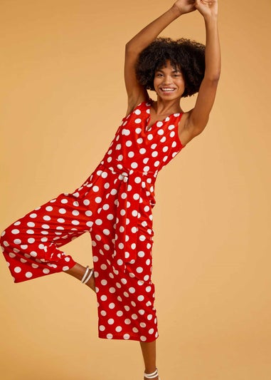 Roman Red Spot Print Belted Jumpsuit