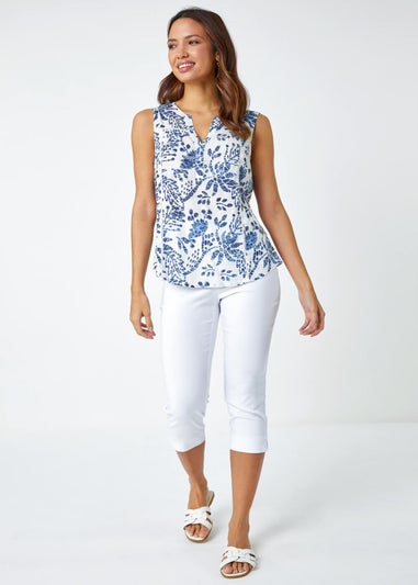 Roman Blue Sleeveless V-Neck Floral Print Vest