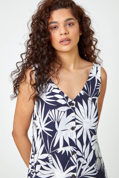 Roman Navy Sleeveless V-Neck Palm Print Button Cami