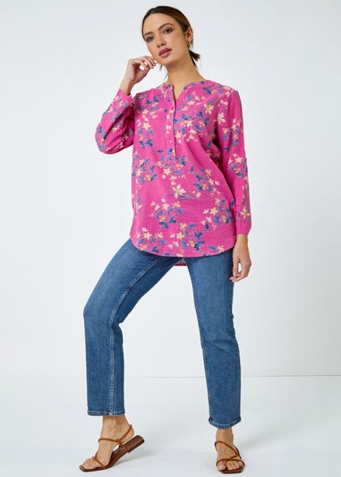 Roman Pink Cotton Floral Print V-Neck Overshirt