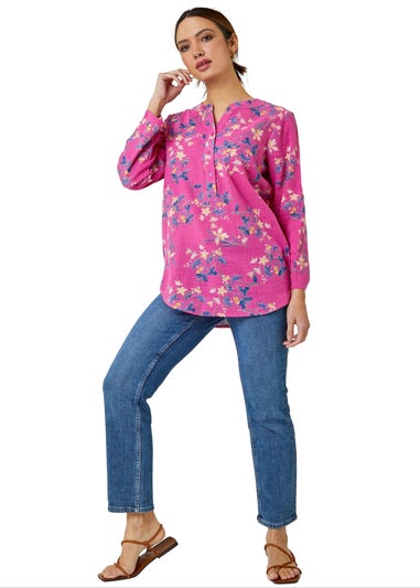 Roman Pink Cotton Floral Print V-Neck Overshirt