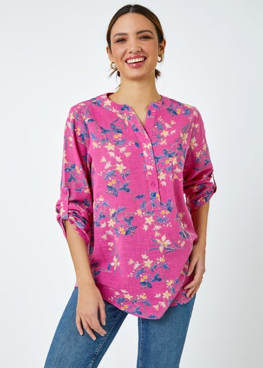 Roman Pink Cotton Floral Print V-Neck Overshirt