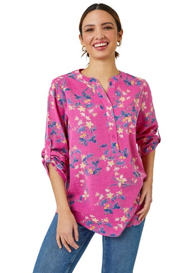 Roman Pink Cotton Floral Print V-Neck Overshirt