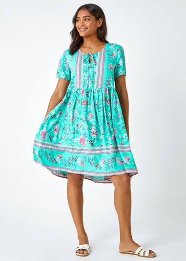 Roman Turquoise Floral Border Print Smock Dress