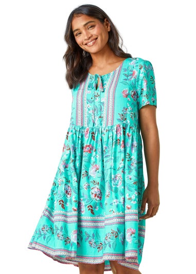 Roman Turquoise Floral Border Print Smock Dress