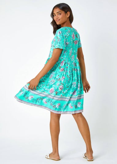 Roman Turquoise Floral Border Print Smock Dress