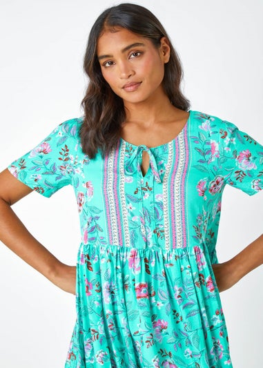 Roman Turquoise Floral Border Print Smock Dress