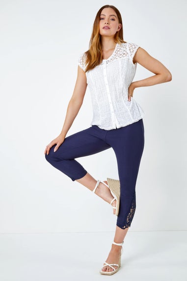 Roman Navy Lace Insert Crop Stretch Trousers