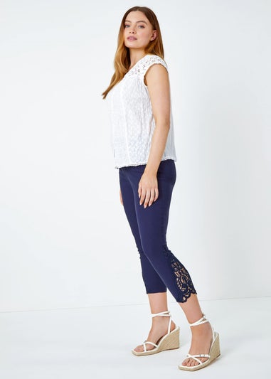 Roman Navy Lace Insert Crop Stretch Trousers