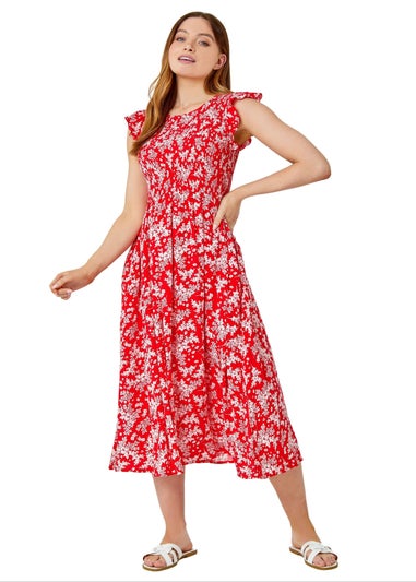 Roman Red Floral Print Shirred Midi Dress