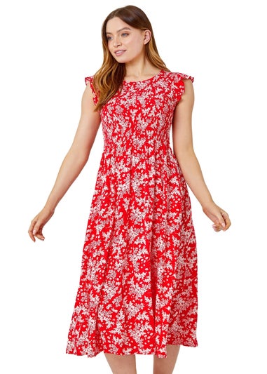 Roman Red Floral Print Shirred Midi Dress