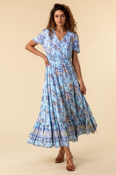 Roman Blue Floral Print Shirred Waist Maxi Dress