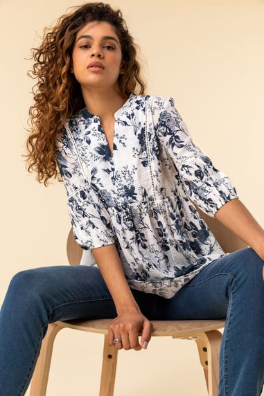 Roman Blue Floral Print Notch Neck Top