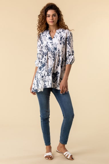 Roman Blue Floral Print Notch Neck Top