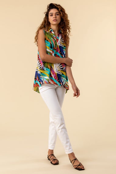 Roman Multi Palm Print Button Detail Tunic Top