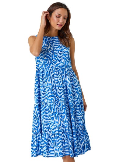 Roman Blue Sleeveless Geometric Print Smock Dress