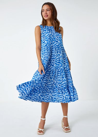 Roman Blue Sleeveless Geometric Print Smock Dress