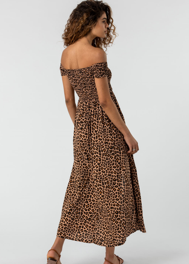 Roman Brown Shirred Leopard Print Bardot Dress