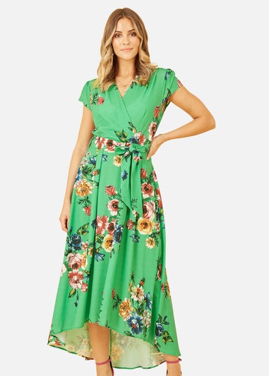Mela Green Bright Floral Dip Hem Wrap Midi Dress