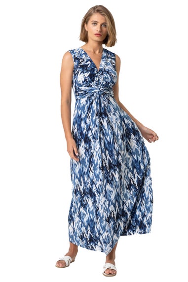 Roman Blue Abstract Print Twist Front Ruched Maxi Dress