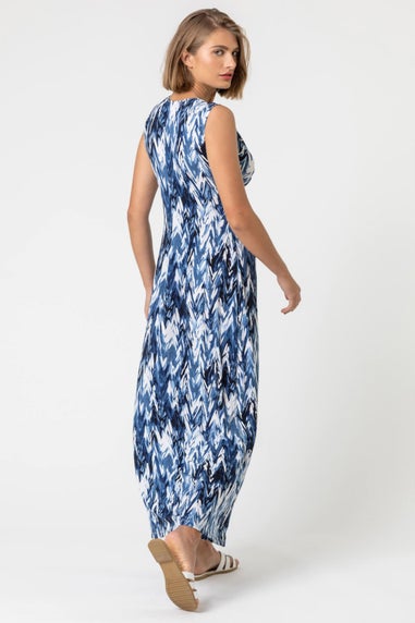 Roman Blue Abstract Print Twist Front Ruched Maxi Dress