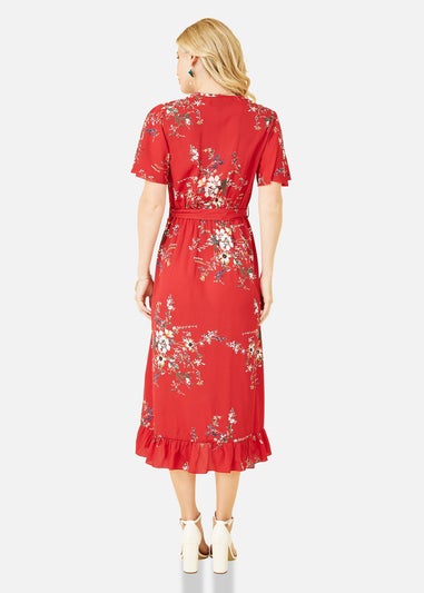 Mela Red  Floral Dip Hem Wrap Midi Dress