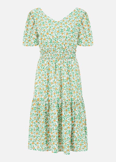Mela Green Daisy Ruched Dress With Puff Sleeves