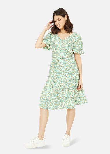 Mela Green Daisy Ruched Dress With Puff Sleeves