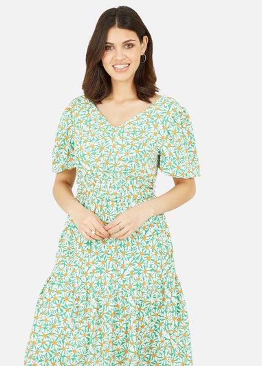 Mela Green Daisy Ruched Dress With Puff Sleeves