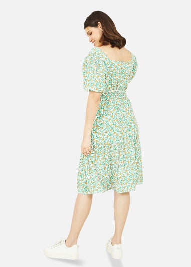 Mela Green Daisy Ruched Dress With Puff Sleeves