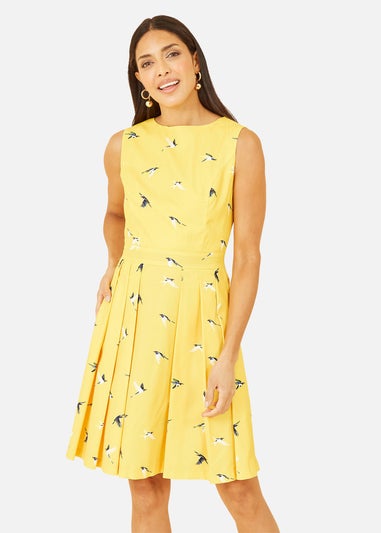 Mela Yellow Swallow Print Skater Dress