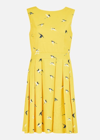 Mela Yellow Swallow Print Skater Dress