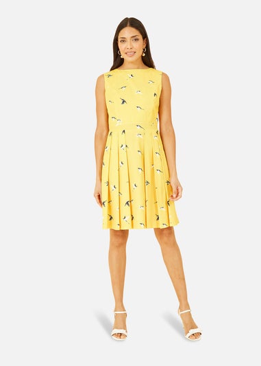 Mela Yellow Swallow Print Skater Dress