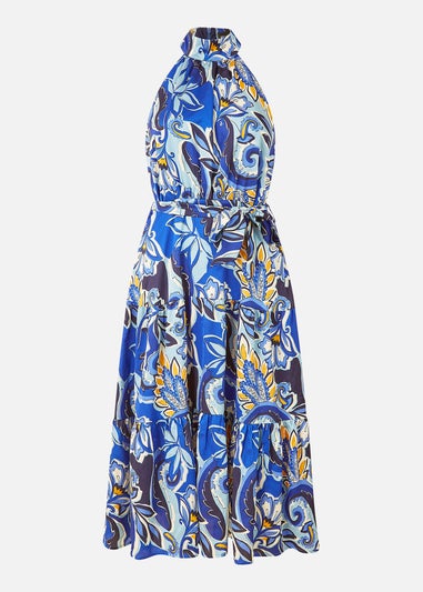 Mela Blue Paisley Floral Halter Neck Midi Dress