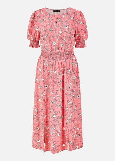 Mela Pink Floral Print Ruched Waist Midi Dress