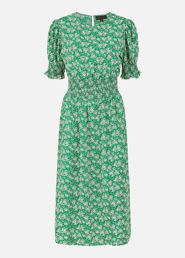 Mela Green Floral Print Shirred Waist Midi Dress