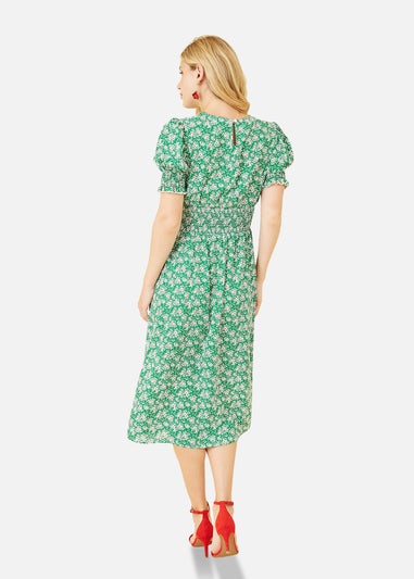 Mela Green Floral Print Shirred Waist Midi Dress