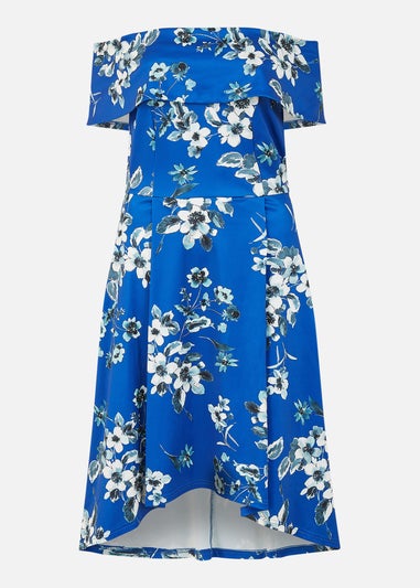 Mela Blue Floral Bardot Dipped Hem Dress