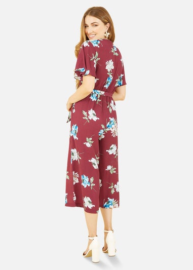 Mela Burgundy Floral Print Jumpsuit With Angel Sleeves