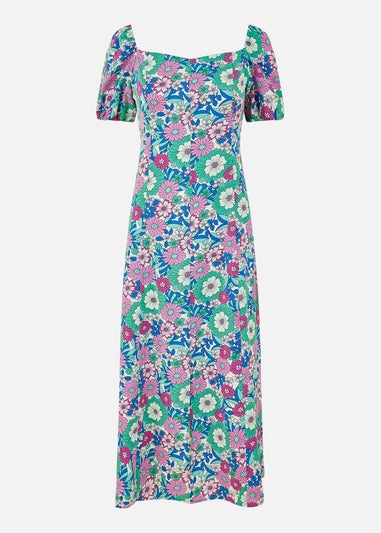 Mela Pink Retro Flower Print Puff Sleeve Midi Dress