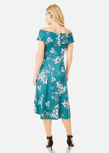 Mela Green Floral Bardot Dipped Hem Dress
