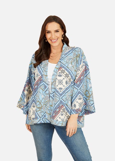 Mela Blue Satin Chain Print Kimono