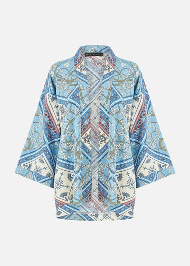 Mela Blue Satin Chain Print Kimono