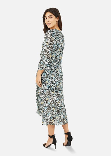 Yumi Black Recycled Vintage Meadow Floral Print Chiffon Midi Wrap