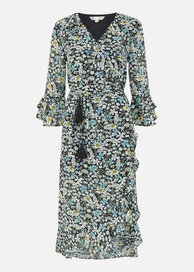 Yumi Black Recycled Vintage Meadow Floral Print Chiffon Midi Wrap